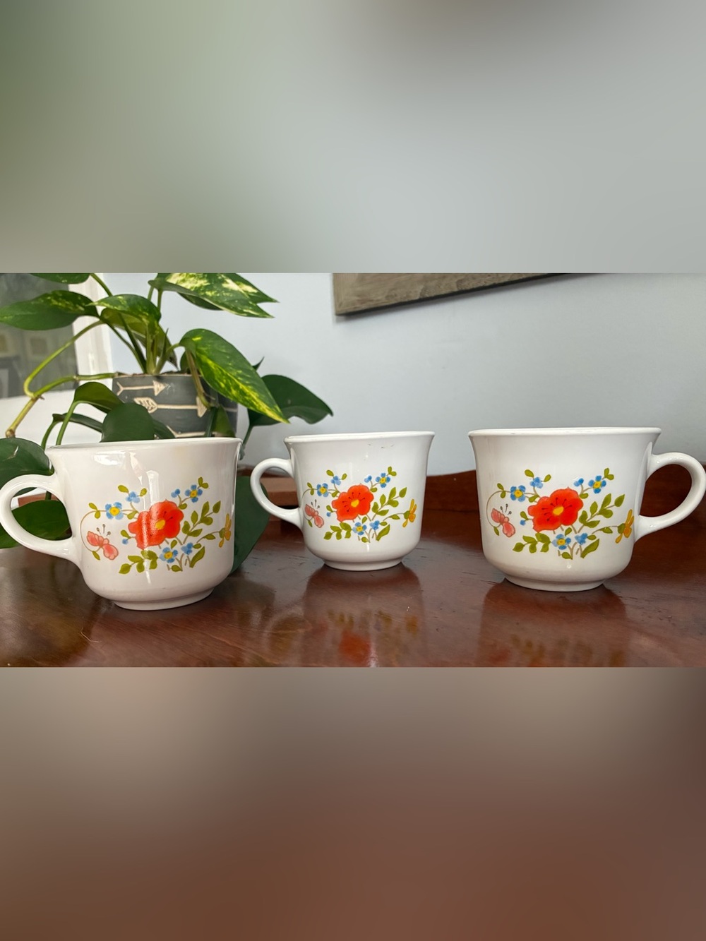 3 Corningware White Mugs with Orange and Blue Floral Wildflower Pattern